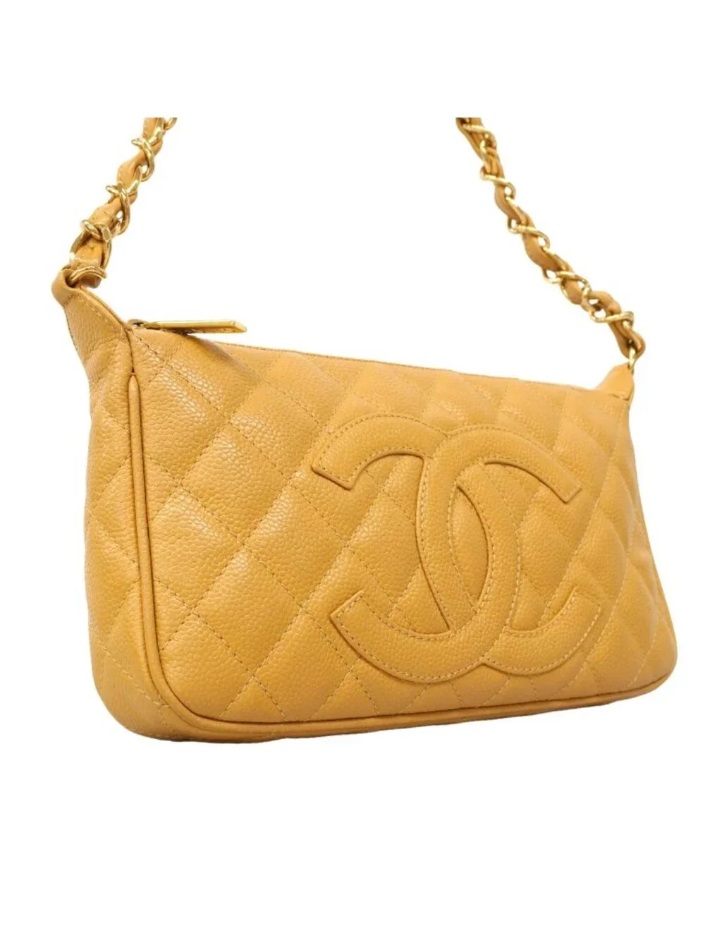 Chanel Shoulder Bag Quilted Caviar Leather Brown Gold